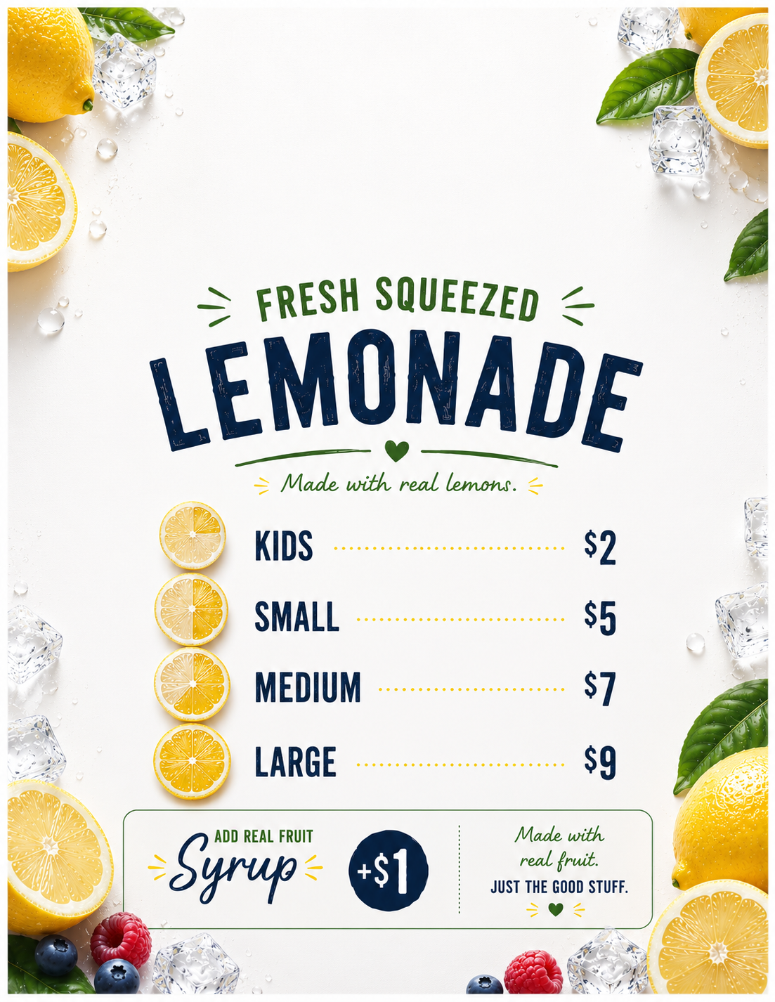Full Lemon Squeezy lemonade, popcorn and combo menu